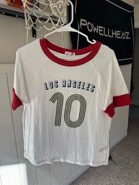 Sundry White Ringer Tee with Red Trim and Blue Graphic